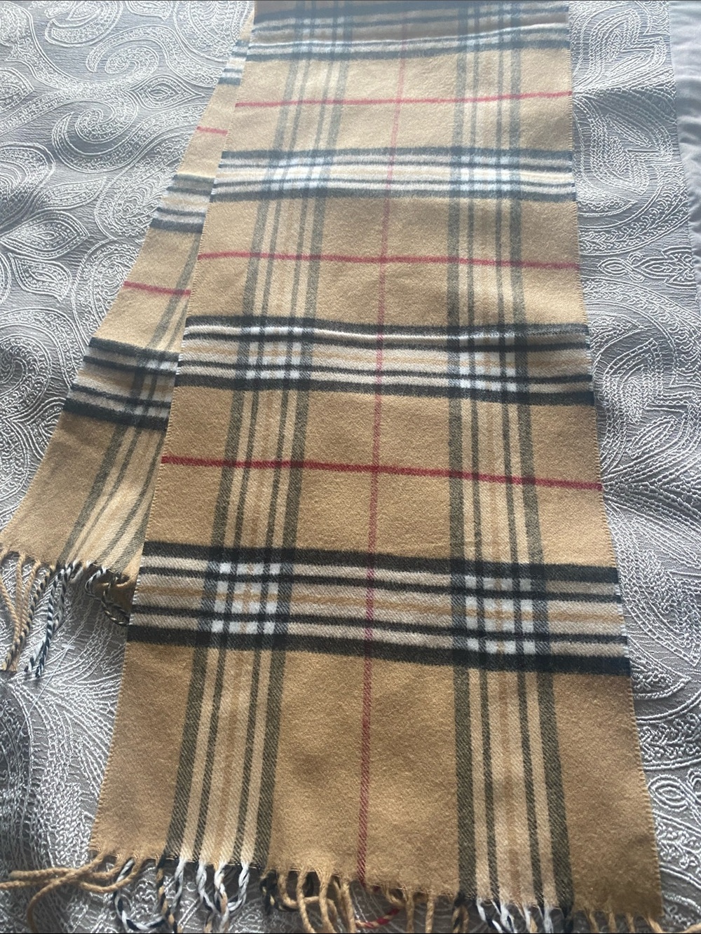 V. FRAAS Camel Plaid Fringe Scarf with Black, White & Red Accents